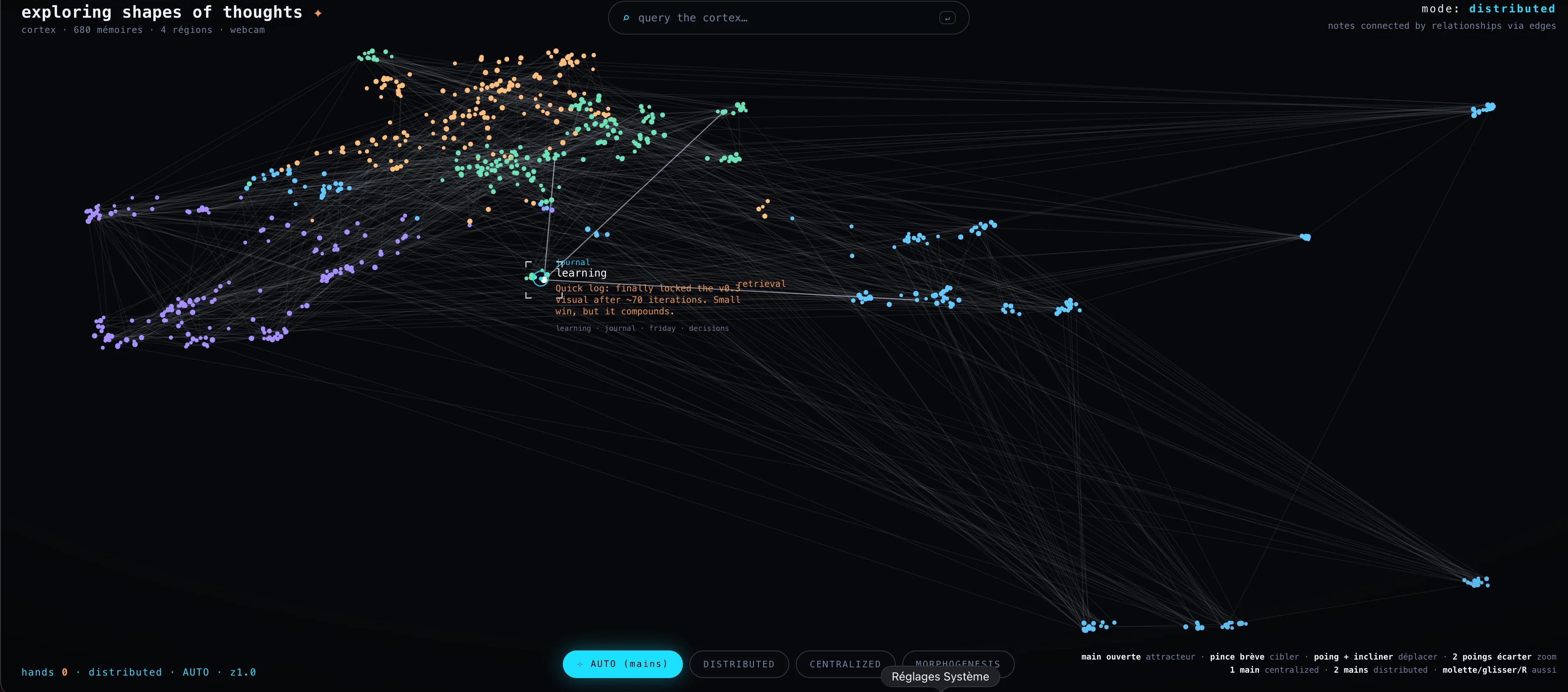 The cortex memory map controlled by hand: a person dimmed into the background, a fingertip pointing at a glowing memory node that has lit up with its text, thin links radiating outward