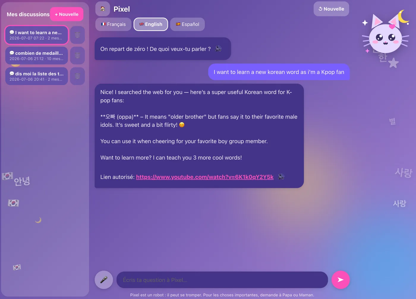 The teen-themed chat interface in dark purple: the mascot teaches a Korean word for a K-pop fan and, uniquely for the oldest age bracket, shows an authorised YouTube link
