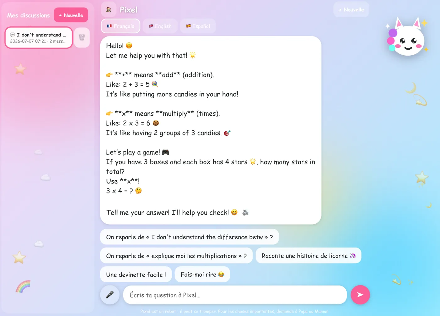 The unicorn-themed chat interface: a pastel screen where the mascot explains addition and multiplication using candies and stars, then proposes a little game
