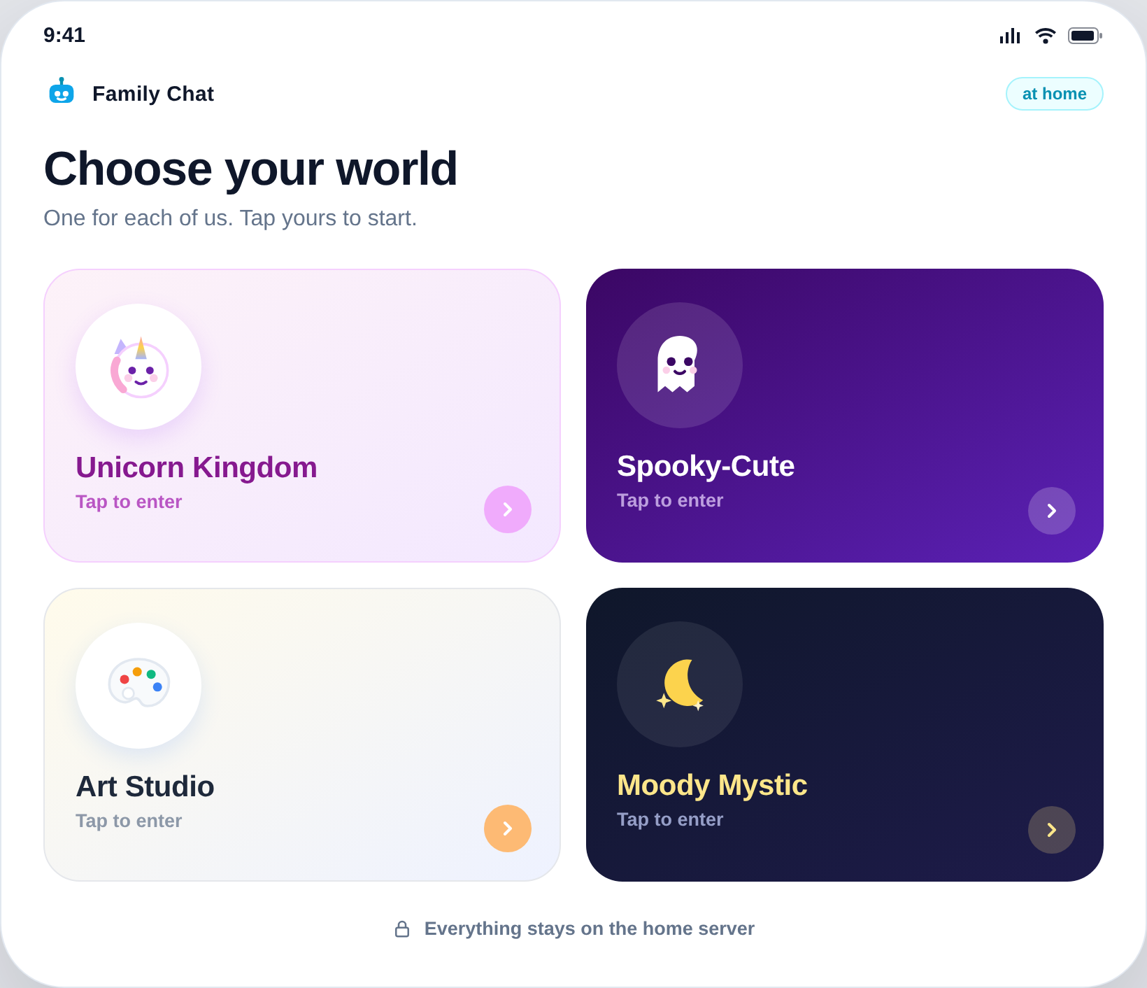 The home screen: each child opens their own themed world, from unicorn kingdom to spooky-cute, art studio and moody mystic